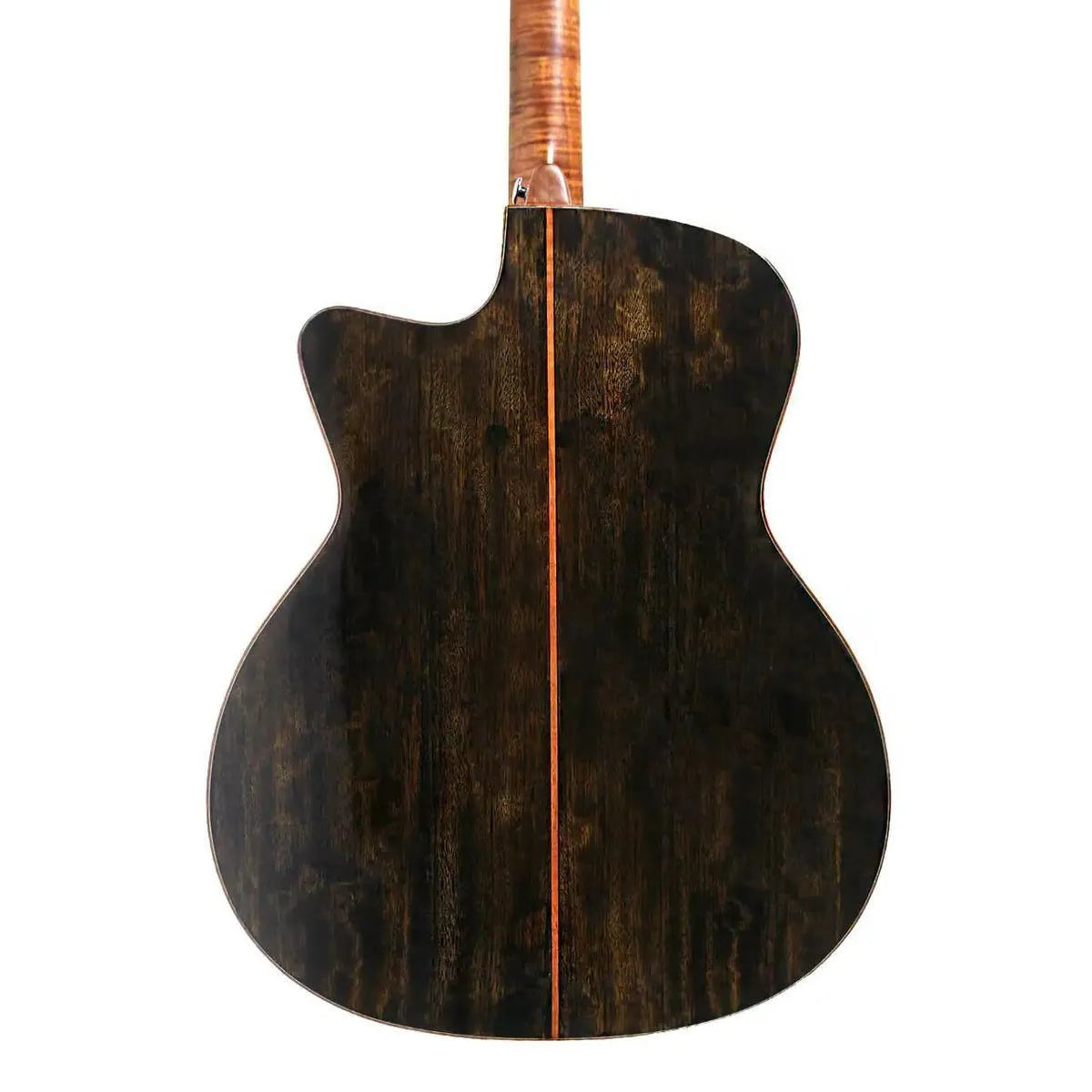 Mérida MISTRAL Grand Auditorium acoustic-electric guitar back with dark flamed walnut and light wood binding.