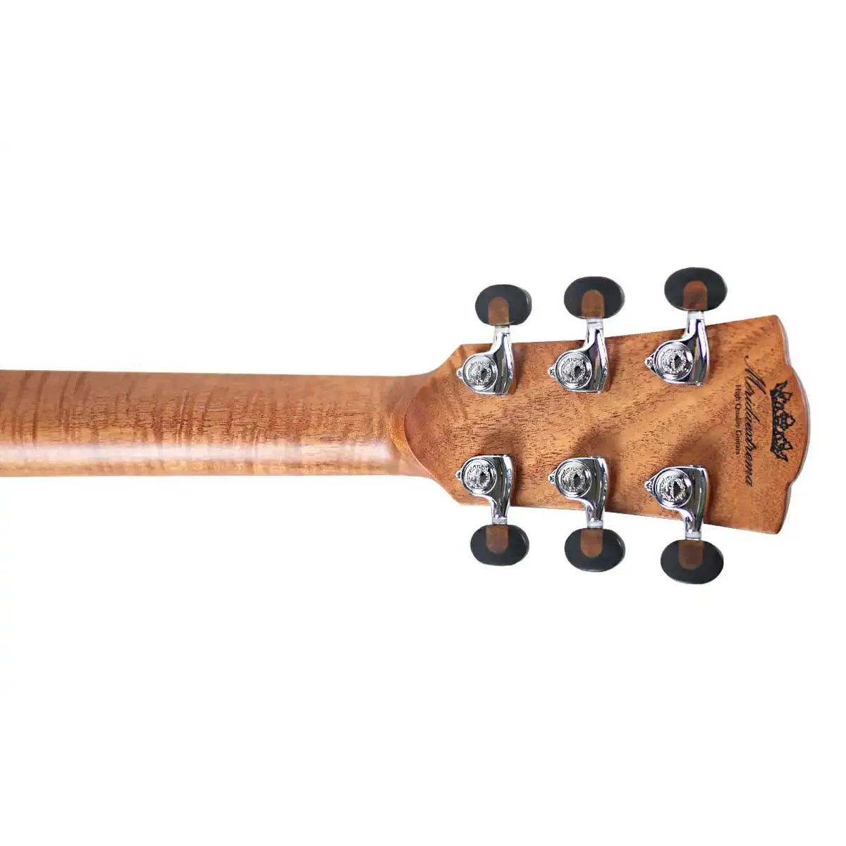 Mérida MISTRAL acoustic-electric guitar headstock with flamed okoume neck, six chrome tuners, and logo.