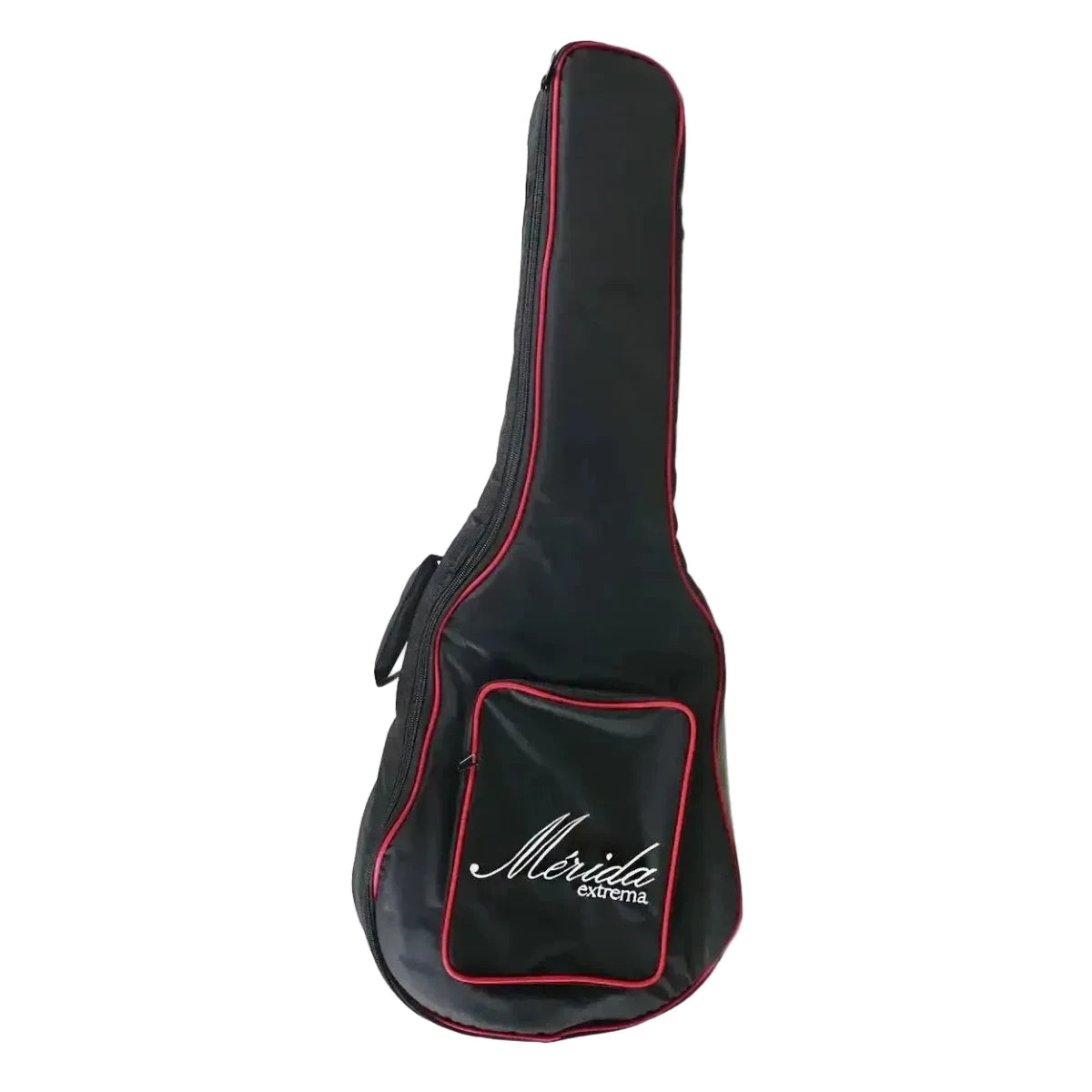 Black Mérida guitar gig bag with red trim and logo.