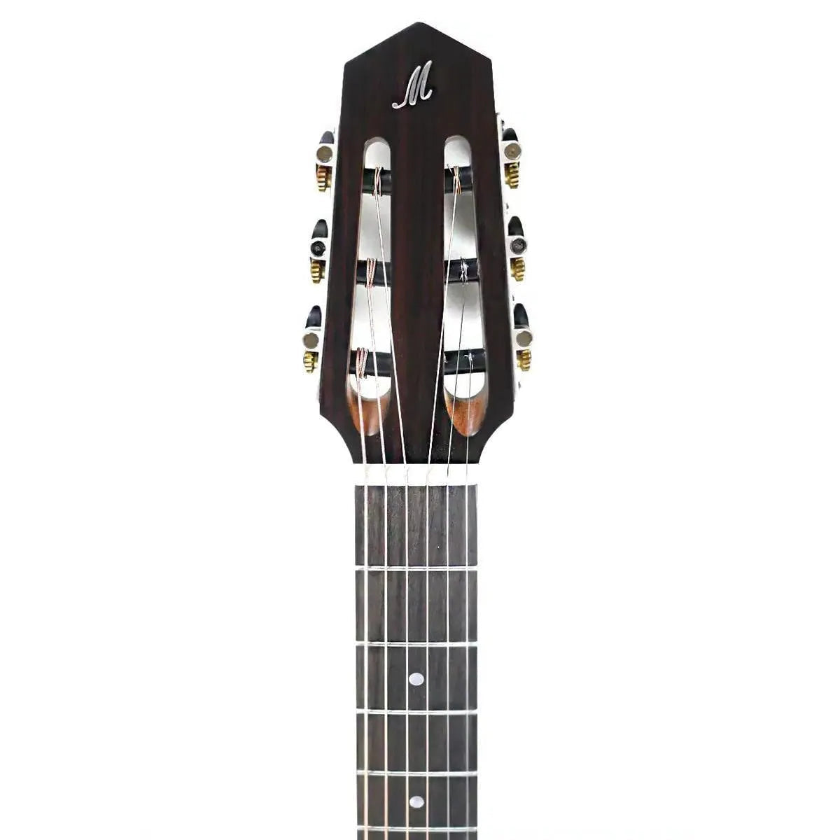 Mérida PSA-100-TS guitar headstock with dark wood, gold tuners, and "M" logo.