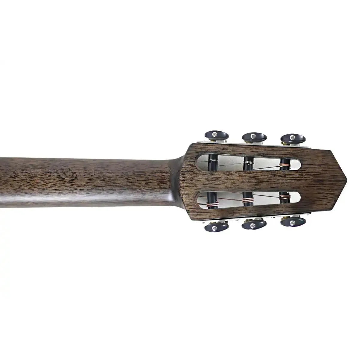 Mérida PSA-100-TS guitar headstock and neck, dark wood with black tuners.