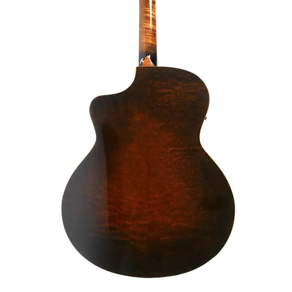 Mérida ROCKER-EQ Grand Concert acoustic-electric guitar, back view, with quilted sapele and high gloss finish.