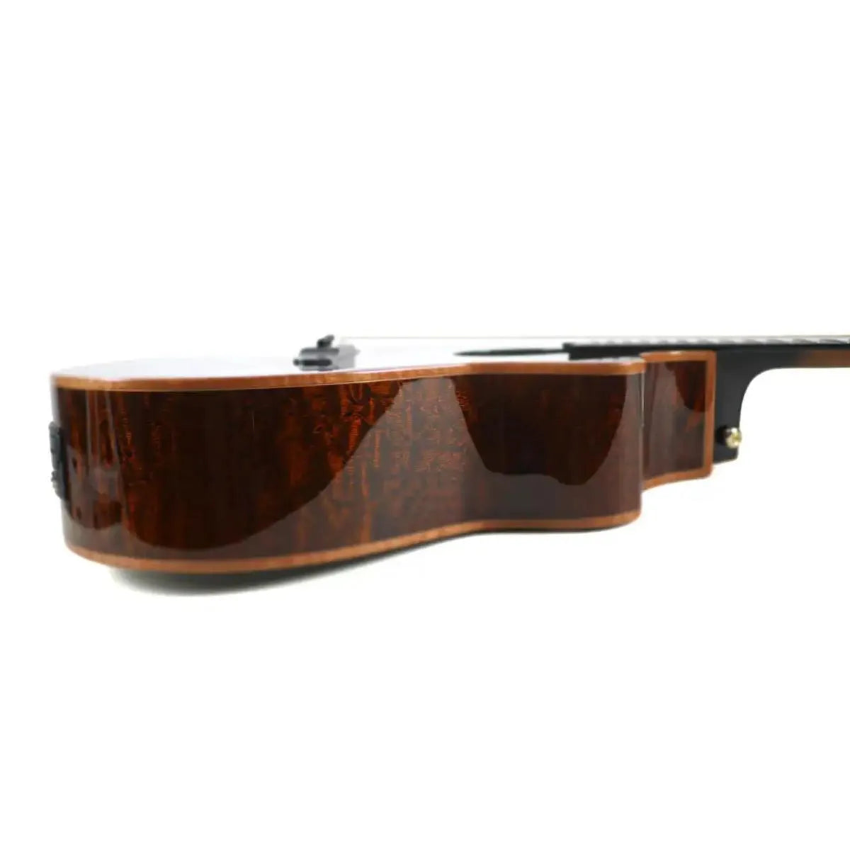 Mérida ROCKER-EQ Grand Concert acoustic-electric guitar side view, showing quilted sapele wood with high gloss finish.
