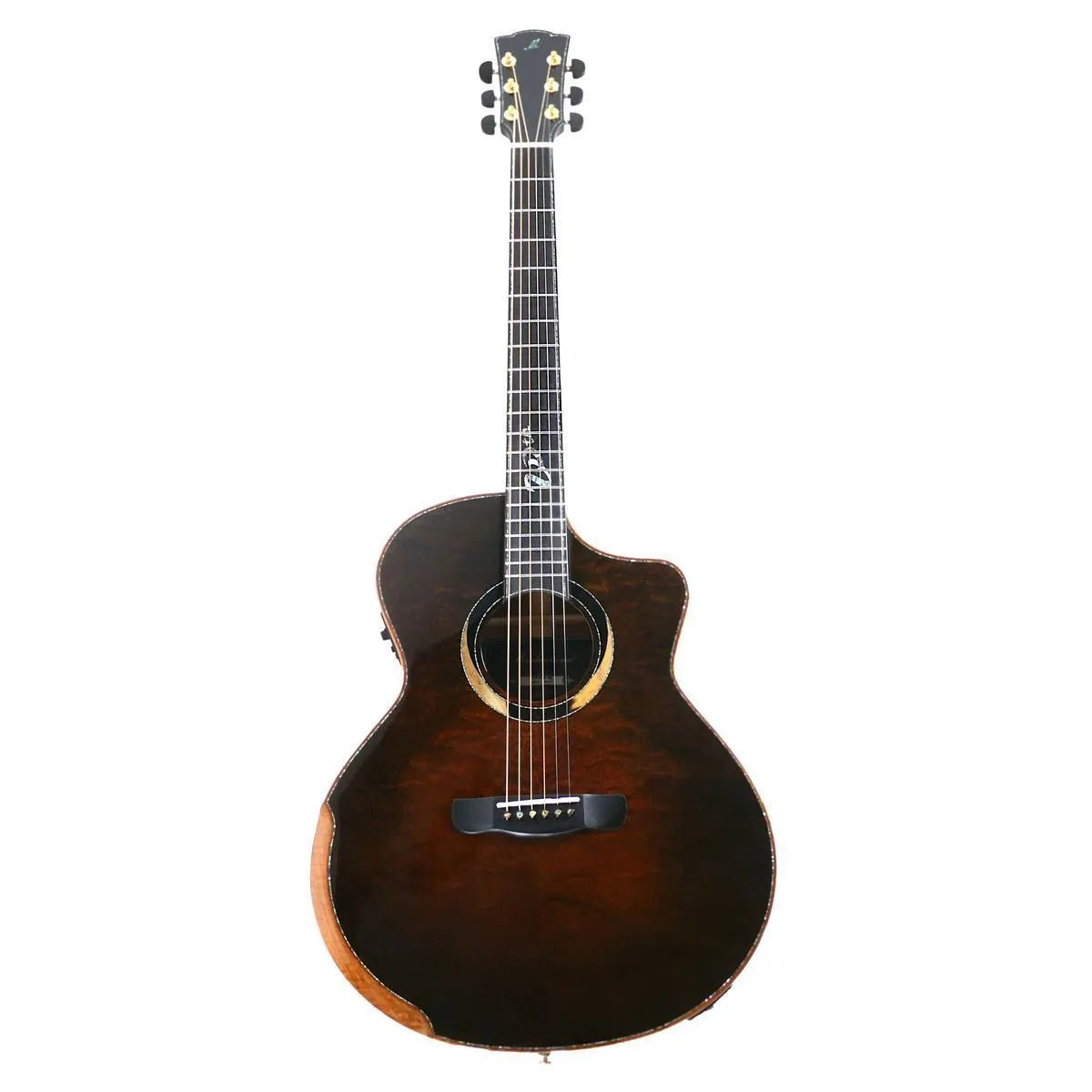 Mérida ROCKER-EQ Grand Concert acoustic-electric guitar with dark quilted sapele body and spruce top.
