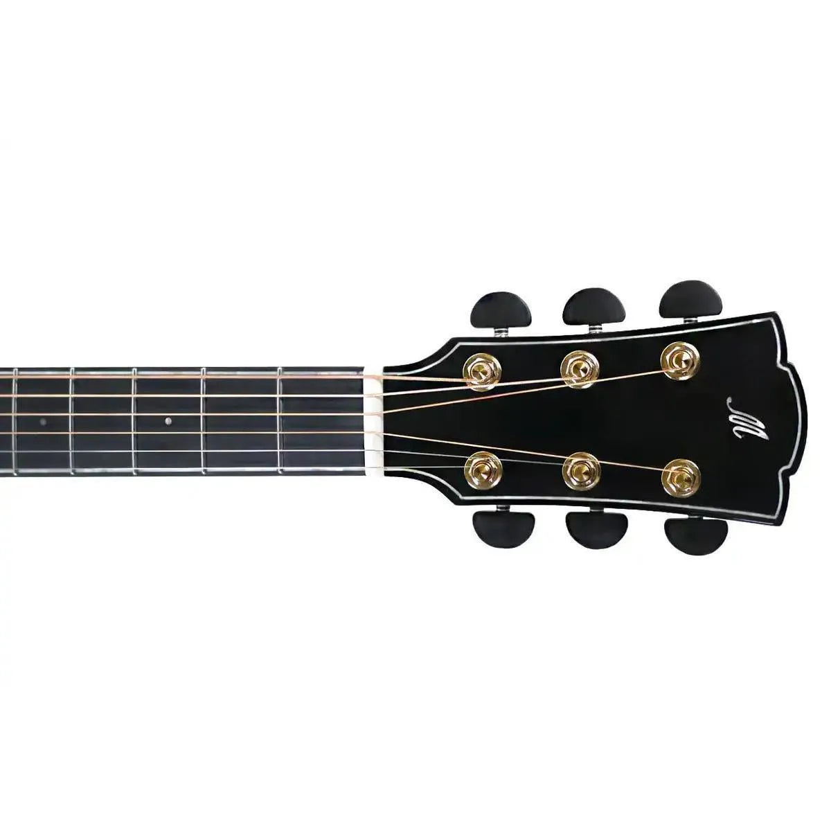 Mérida ROCKER-EQ Grand Concert acoustic-electric guitar headstock with black finish and gold tuners.
