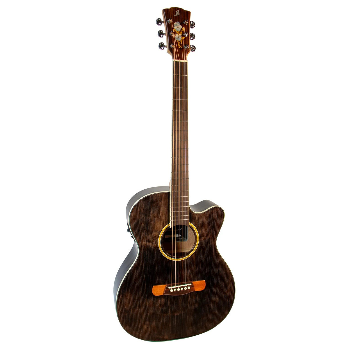 Mérida ROMEO-EQ OM cutaway acoustic-electric guitar in transparent black gloss ash with a gold rosette ring and orange bridge, front view.