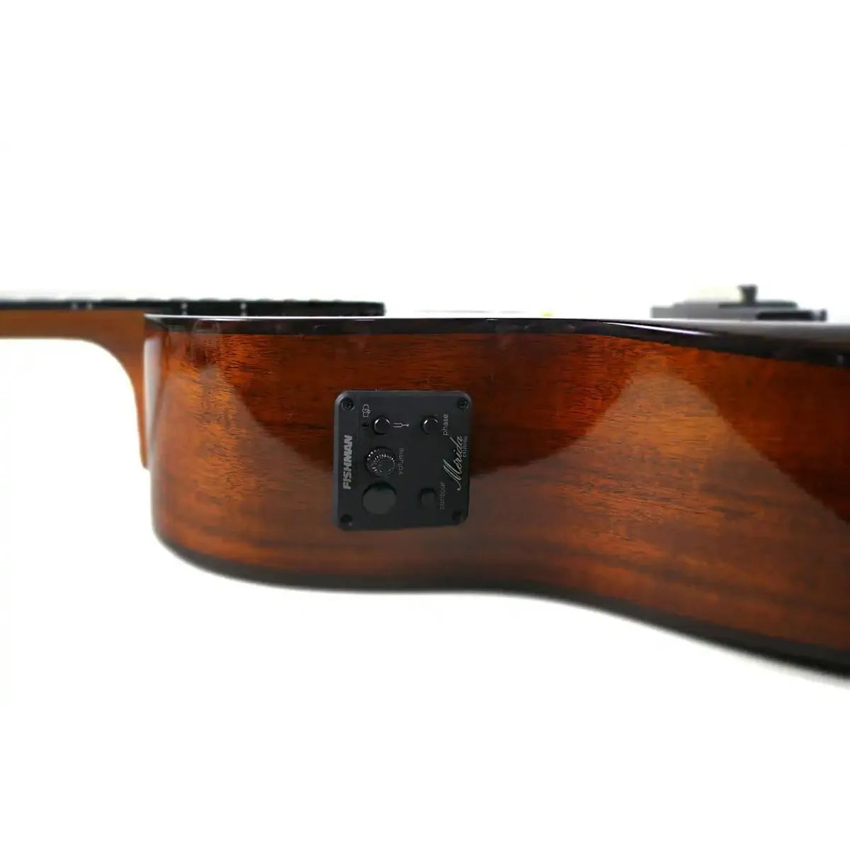 Mérida SCAR-EQ Grand Jumbo acoustic-electric guitar's dark sunburst koa body with Fishman preamp.