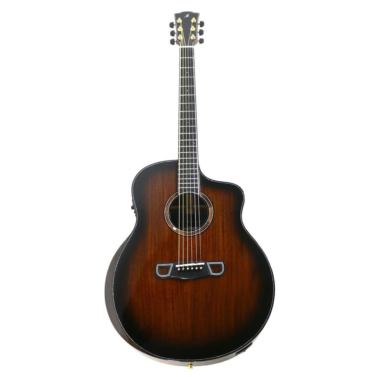 Mérida SCAR-EQ Grand Jumbo acoustic-electric guitar with sunburst high gloss finish and koa wood.