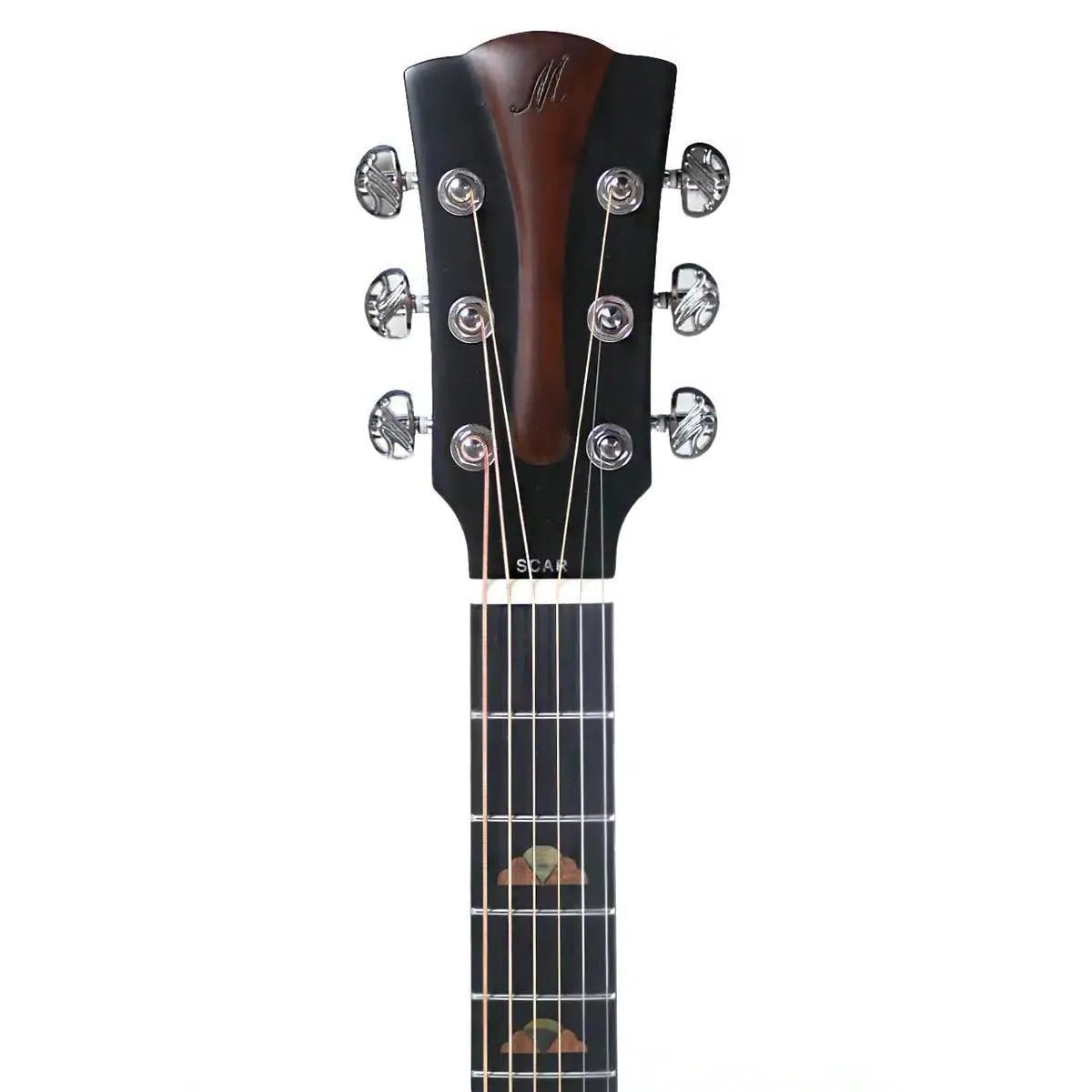 Mérida SCAR-SENIOR-PRO EQ acoustic-electric guitar headstock with chrome tuners and dark wood finish.