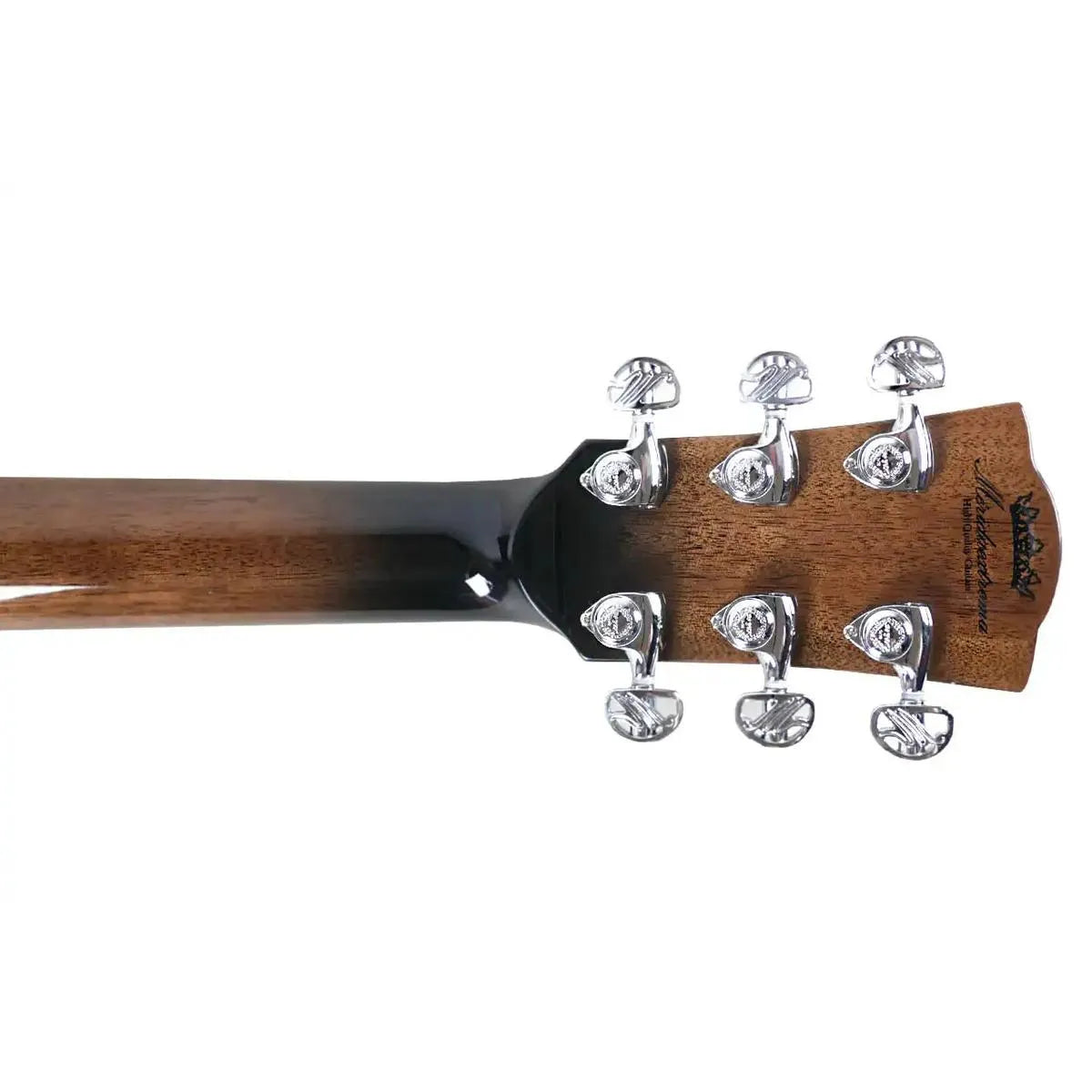 Mérida SCAR-SENIOR-PRO EQ acoustic-electric guitar headstock with chrome tuners and Mérida design knobs.