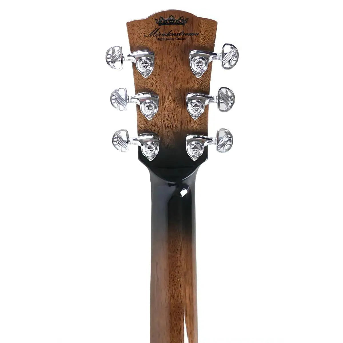 Mérida SCAR-SENIOR-PRO EQ acoustic-electric guitar headstock with chrome tuners and Mérida design knobs.