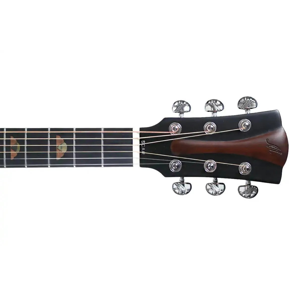 Mérida SENIOR-GACEQ acoustic-electric guitar headstock with dark finish, chrome tuners, and unique inlay.