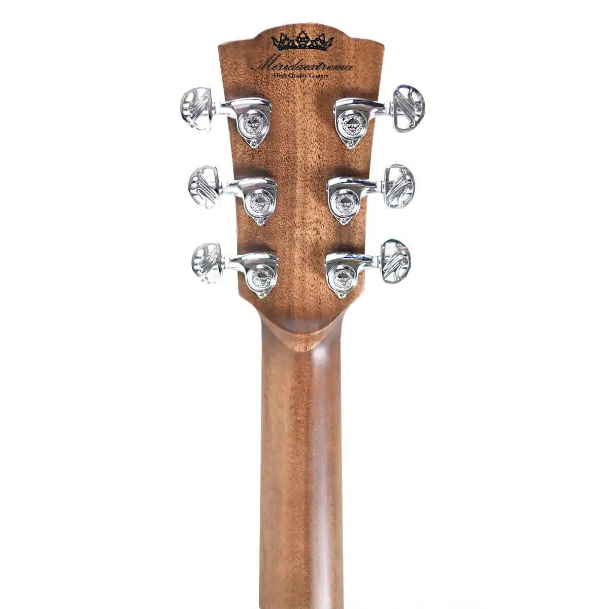 Mérida SENIOR-GACEQ acoustic-electric guitar headstock with six chrome tuners and natural wood finish.