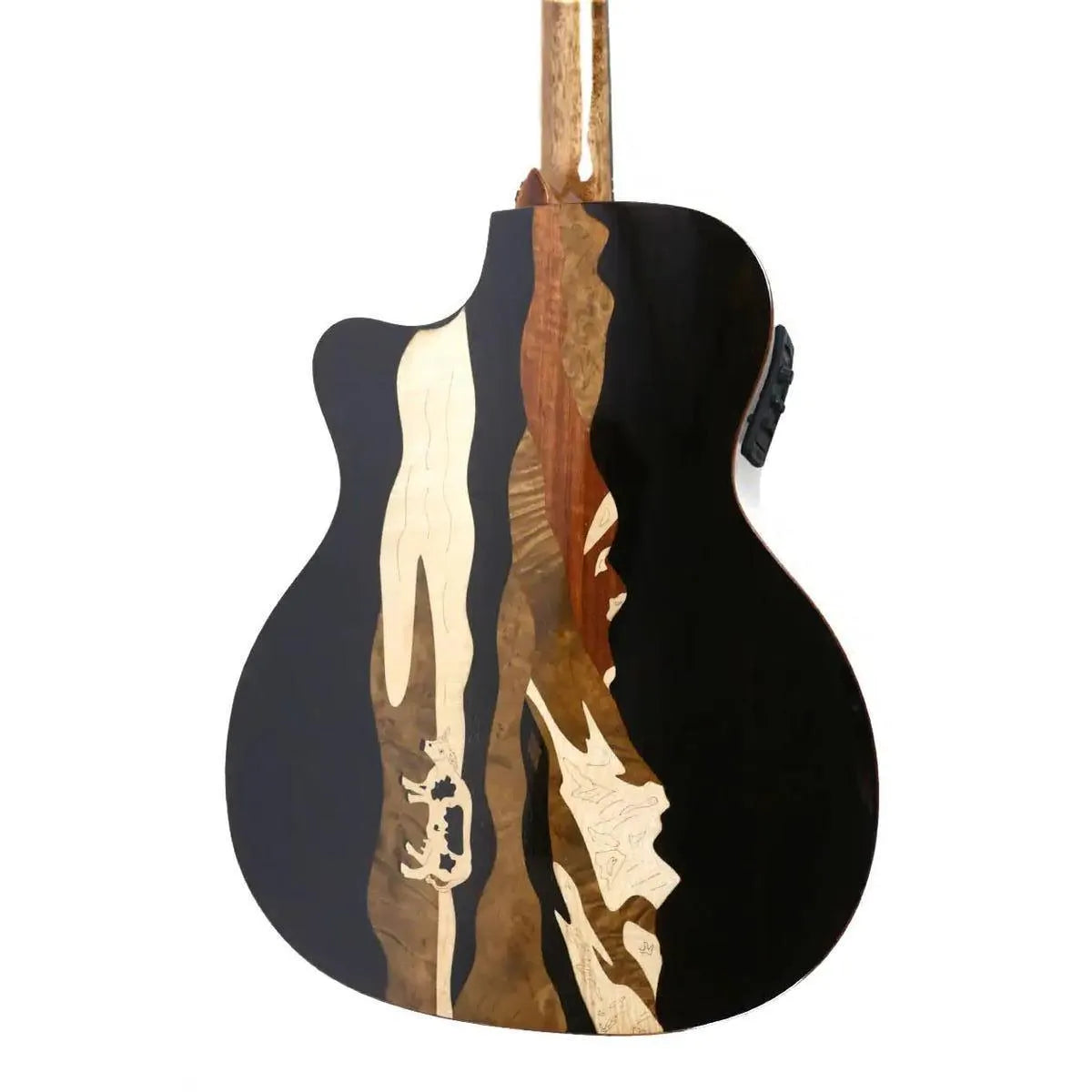 Mérida SPRING-EQ Auditorium acoustic-electric guitar back with unique multi-wood inlay design.