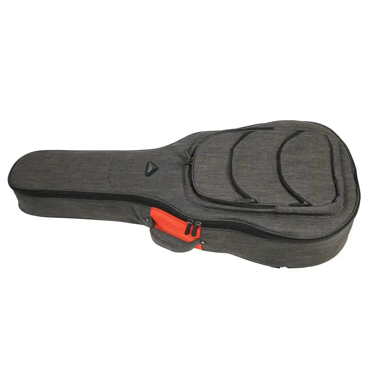 Mérida GB-25 gig bag for auditorium acoustic-electric guitar, dark gray with orange accents and black zippers.