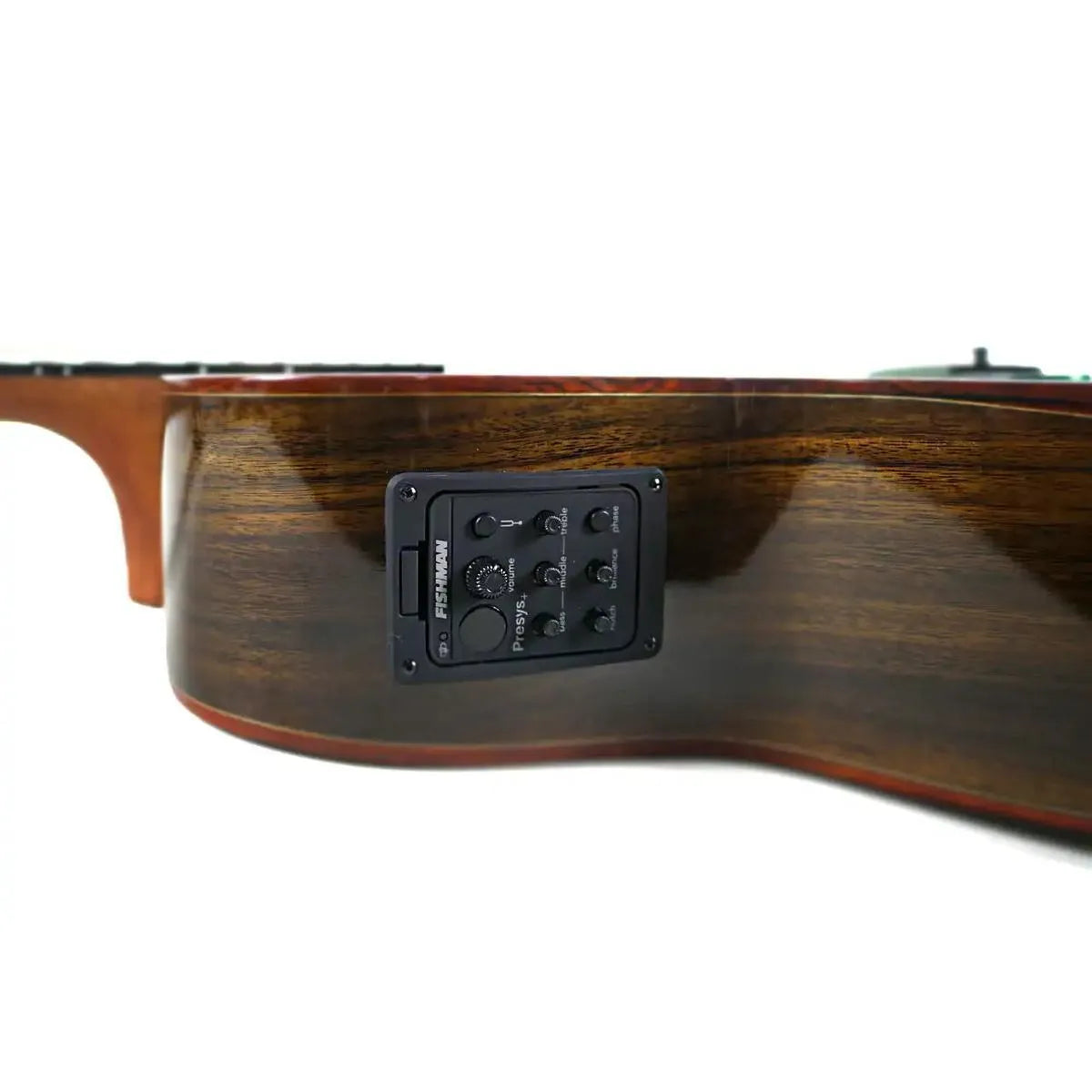 Mérida SUMMER-EQ acoustic-electric guitar's dark rosewood side with a black Fishman Presys preamp.