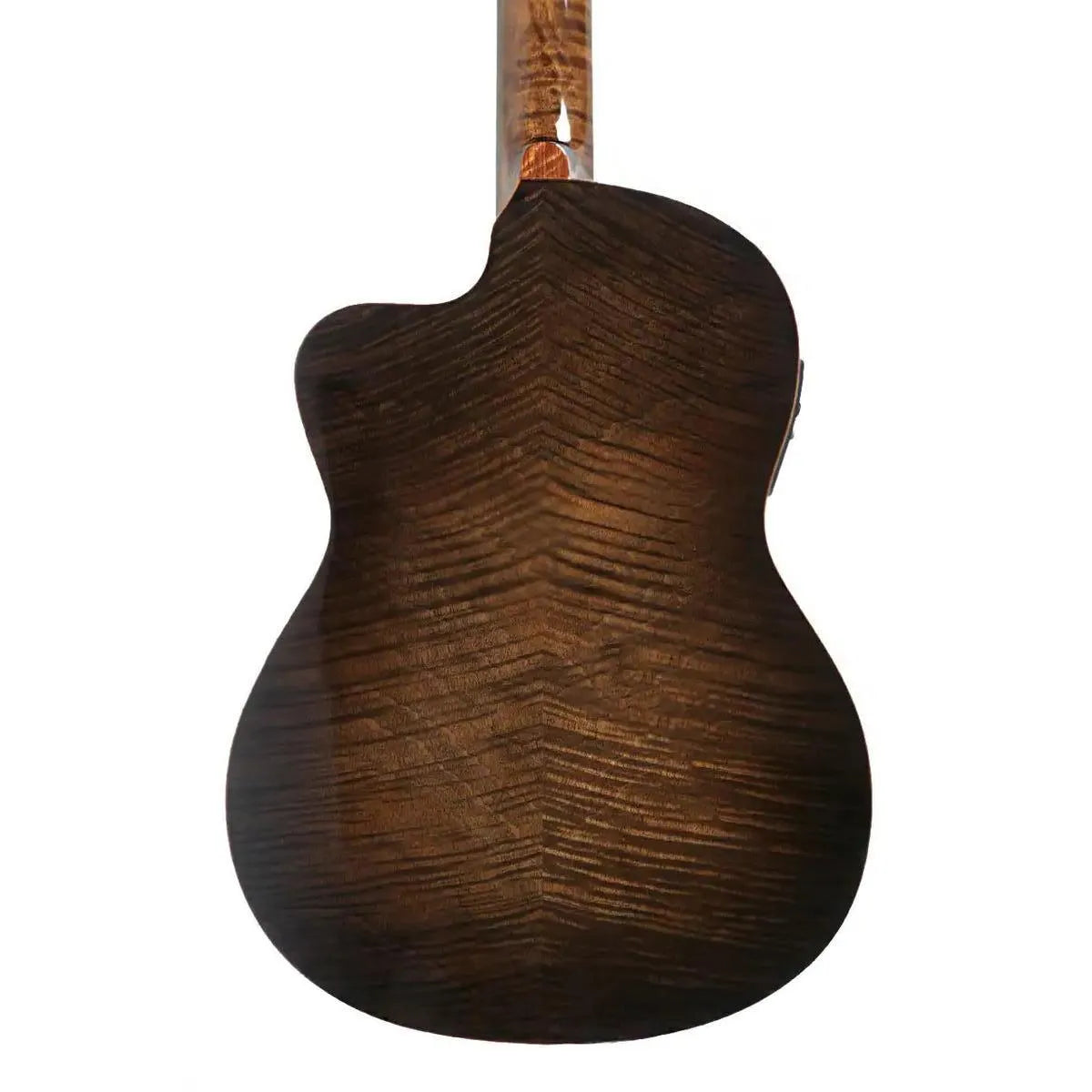 Mérida T45SSEQ-OK thin body acoustic-electric guitar, back view showing dark flamed okoume wood grain.
