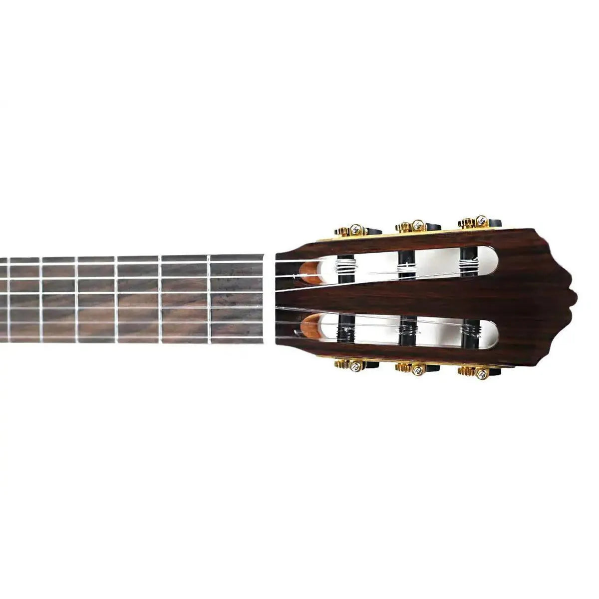 Mérida T45SSEQ-OK acoustic-electric guitar headstock with dark wood, gold tuners, and rosewood fretboard.