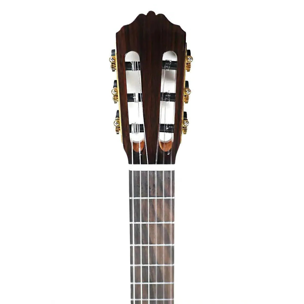 Mérida T45SSEQ-OK acoustic-electric guitar headstock with dark wood, gold tuners, and rosewood fretboard.
