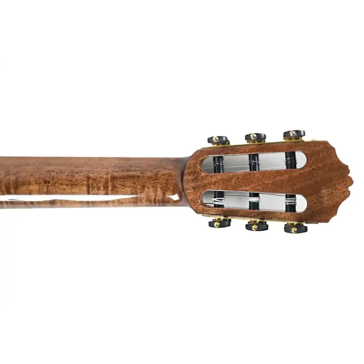 Mérida T45SSEQ-OK Thin Body Acoustic-Electric Guitar headstock with flamed okoume wood and black/gold tuners.