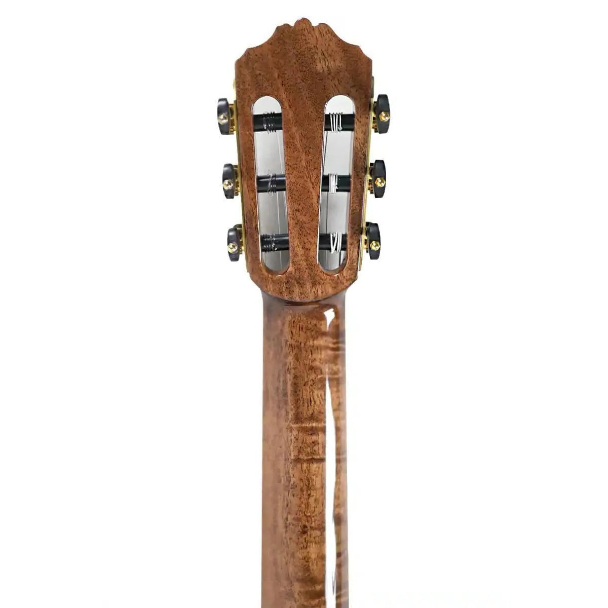 Mérida T45SSEQ-OK Thin Body Acoustic-Electric Guitar headstock with flamed okoume wood and black/gold tuners.