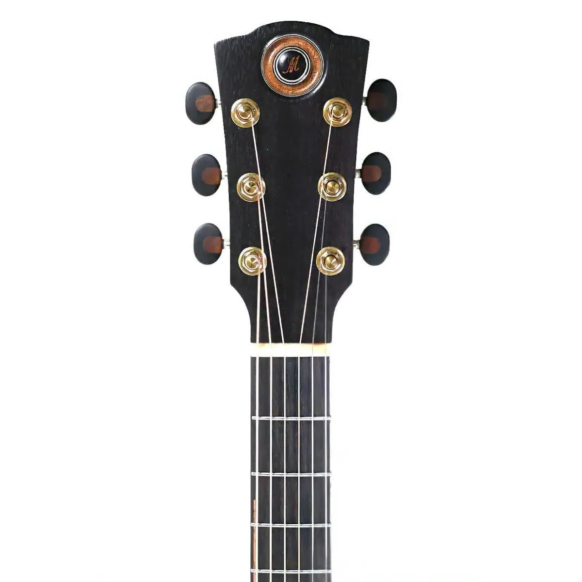 Mérida TRIBECCA Dreadnought acoustic-electric guitar headstock with dark wood, gold tuners, and a unique rosette.