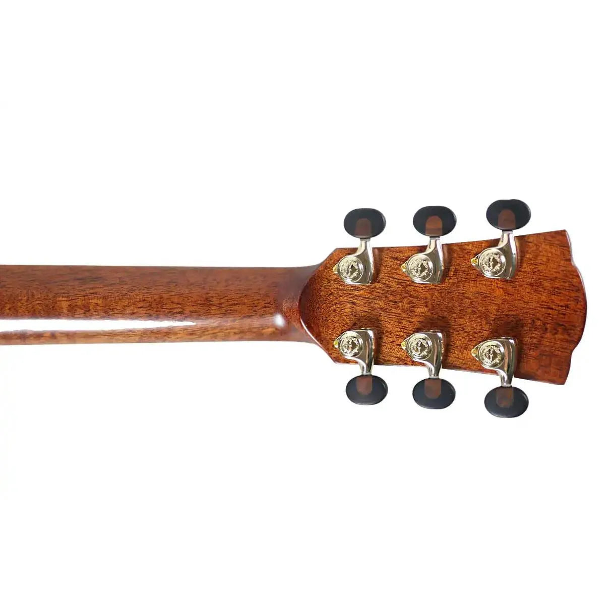 Mérida TRIBECCA Dreadnought acoustic-electric guitar headstock with six chrome tuners and flamed okoume neck.