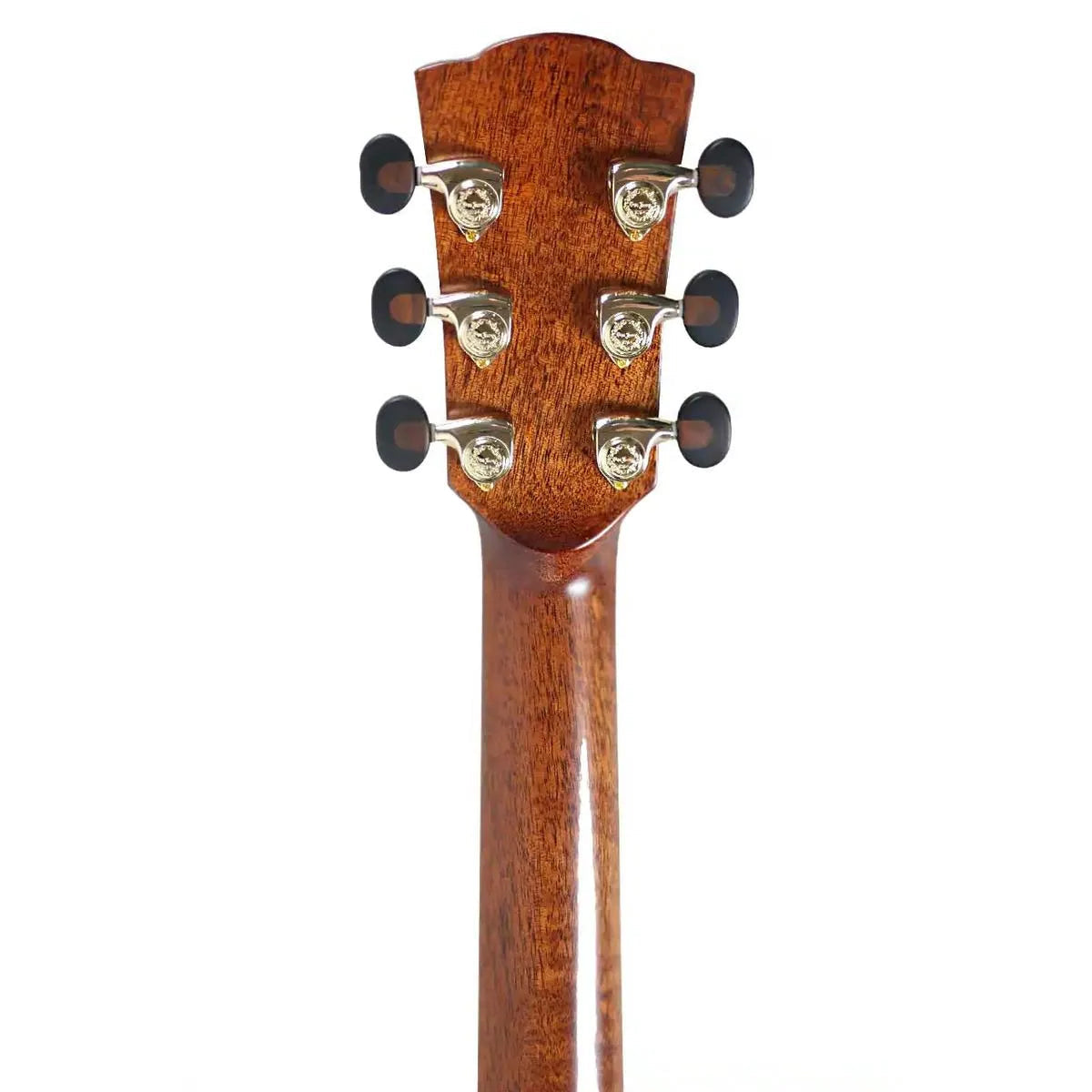 Mérida TRIBECCA Dreadnought acoustic-electric guitar headstock with six chrome tuners and flamed okoume neck.