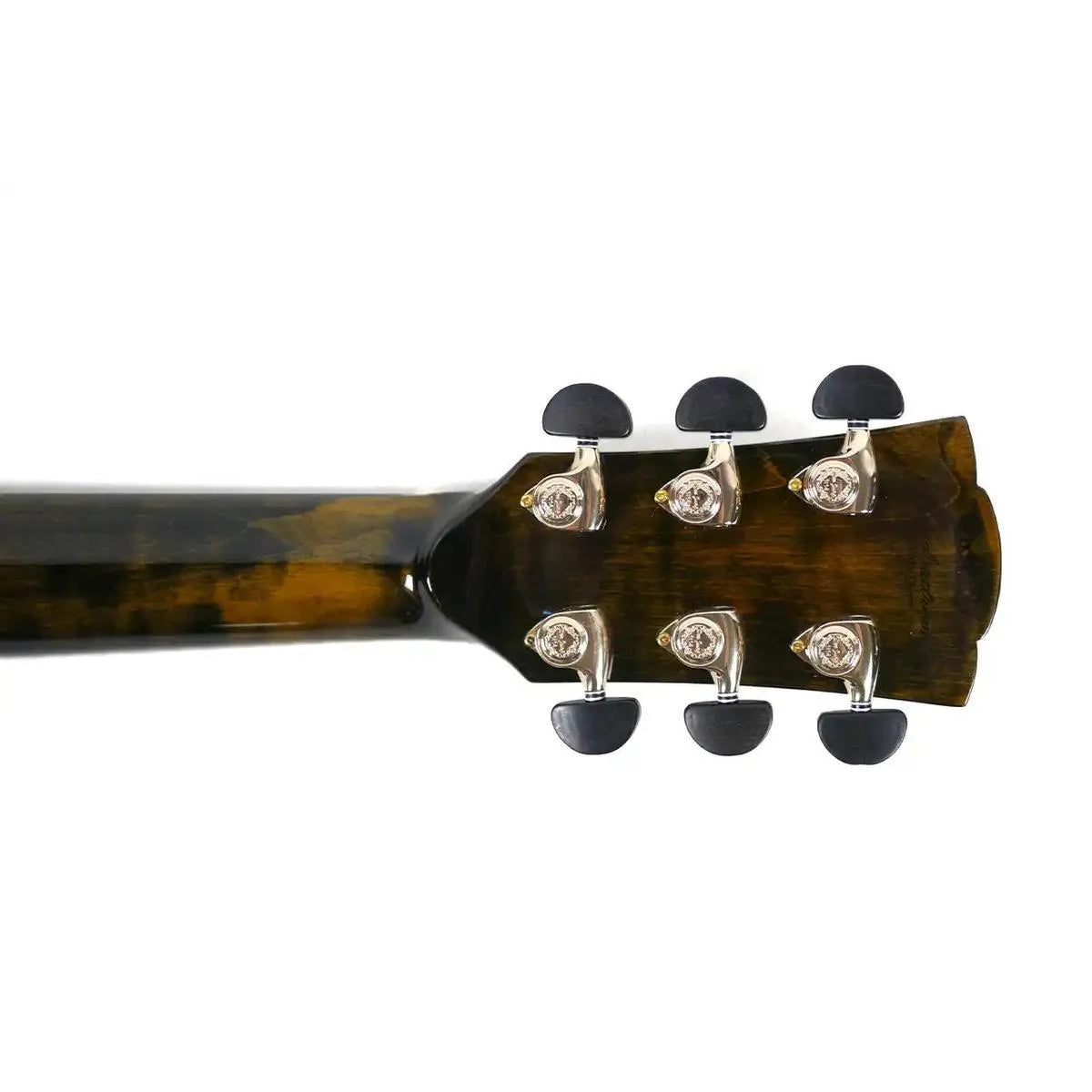 Mérida WAVE-EQ acoustic-electric guitar headstock with gold tuners and ebony buttons.