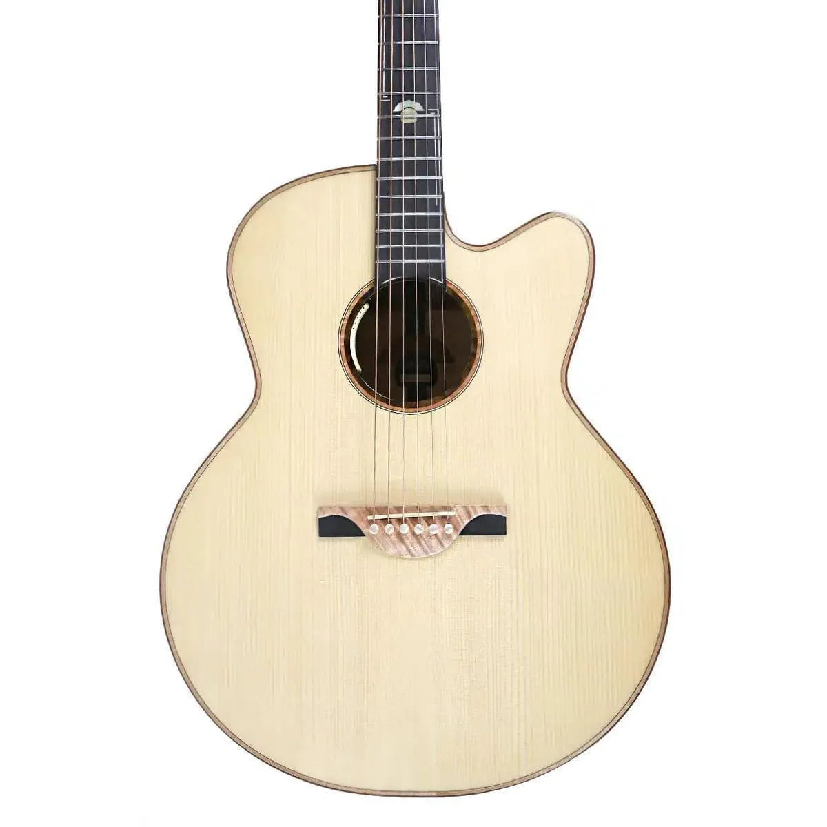 Mérida WEMBLY Jumbo Acoustic-Electric Guitar with light spruce top, flamed maple bridge, and cutaway.