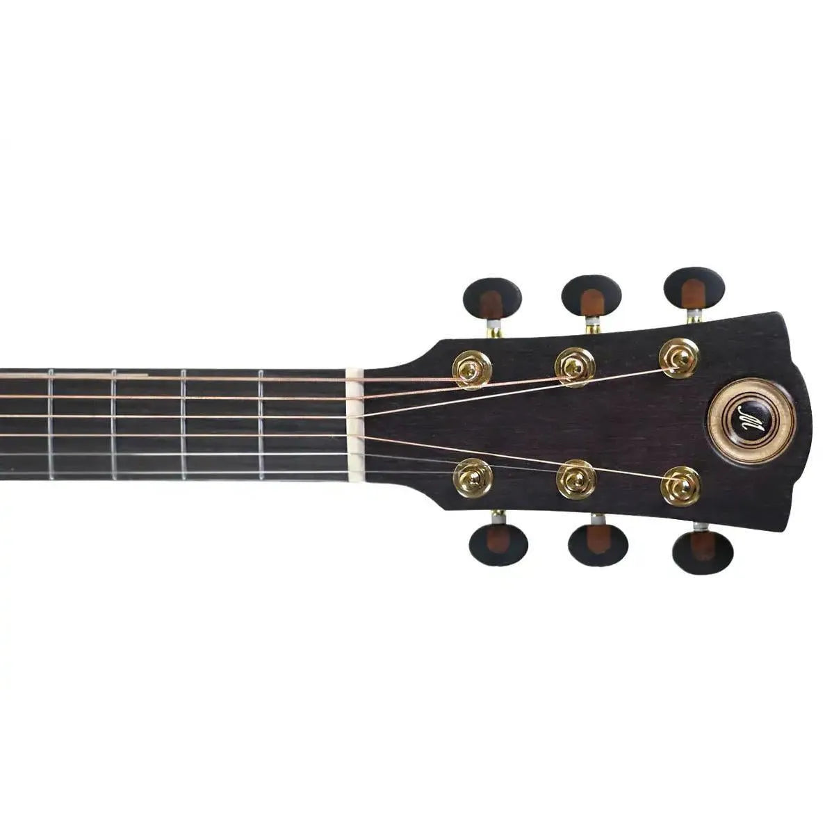 Mérida WEMBLY Prominence Series jumbo acoustic-electric guitar headstock with gold tuners and dark wood.