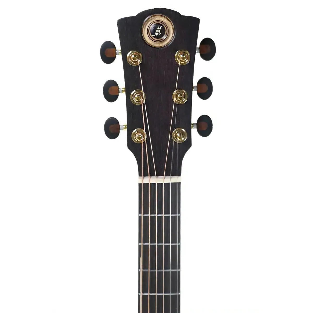 Mérida WEMBLY Prominence Series jumbo acoustic-electric guitar headstock with gold tuners and dark wood.