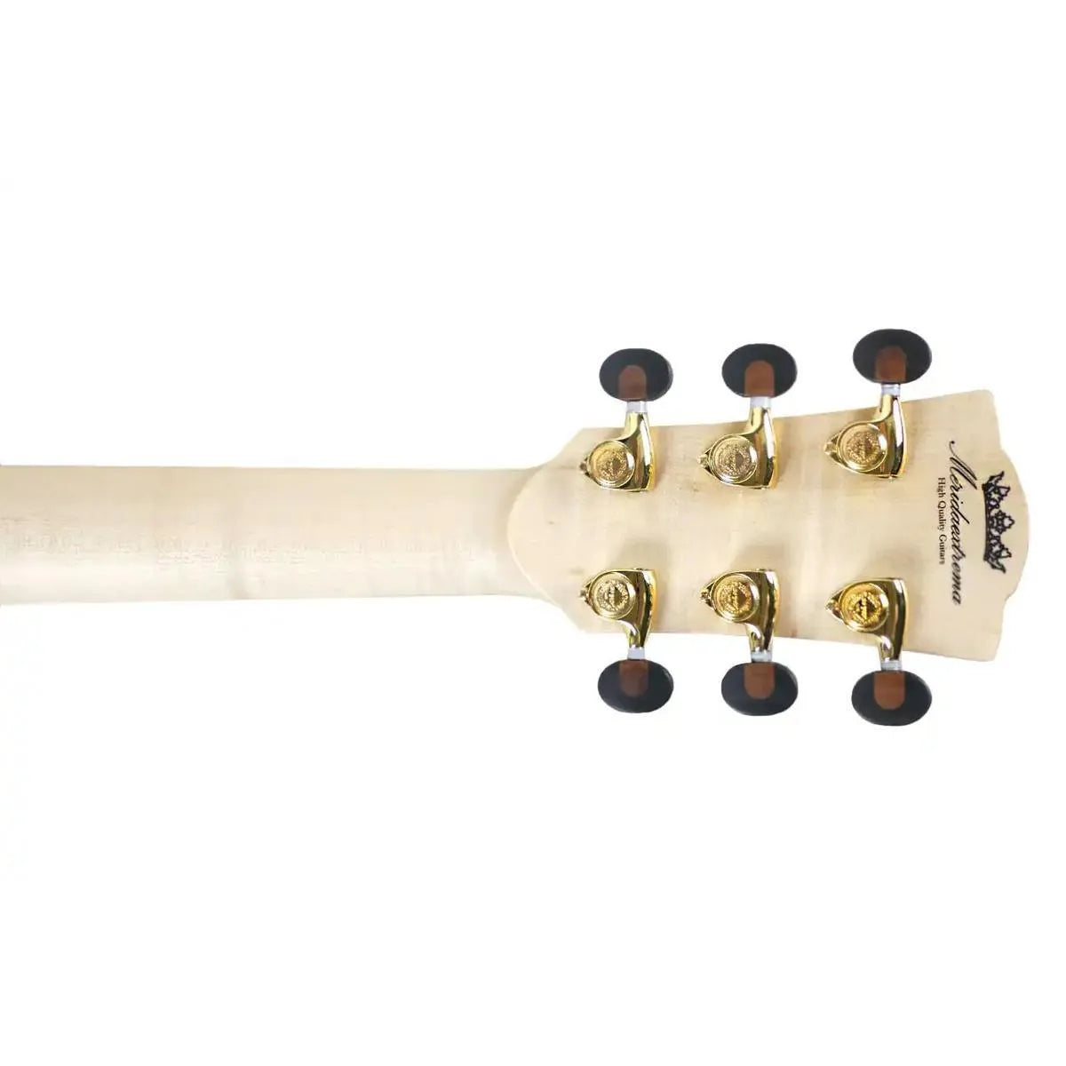 Mérida WEMBLY Jumbo Acoustic-Electric Guitar headstock with gold tuners and light flamed maple neck.