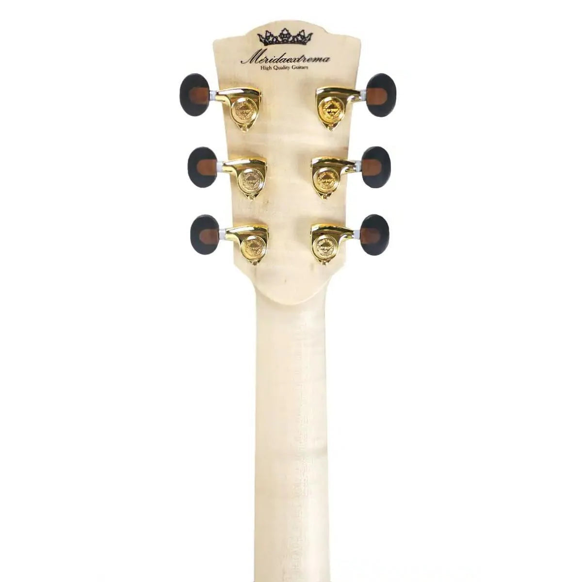 Mérida WEMBLY Jumbo Acoustic-Electric Guitar headstock with gold tuners and light flamed maple neck.