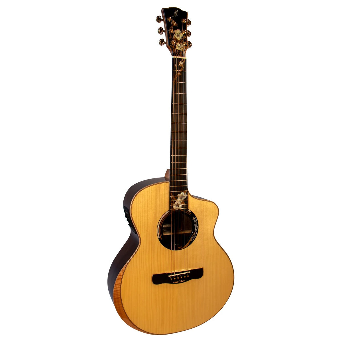 Mérida WINTER-EQ grand auditorium cutaway acoustic-electric guitar with a golden solid spruce top and a floral inlay up the fingerboard, front three-quarter view.