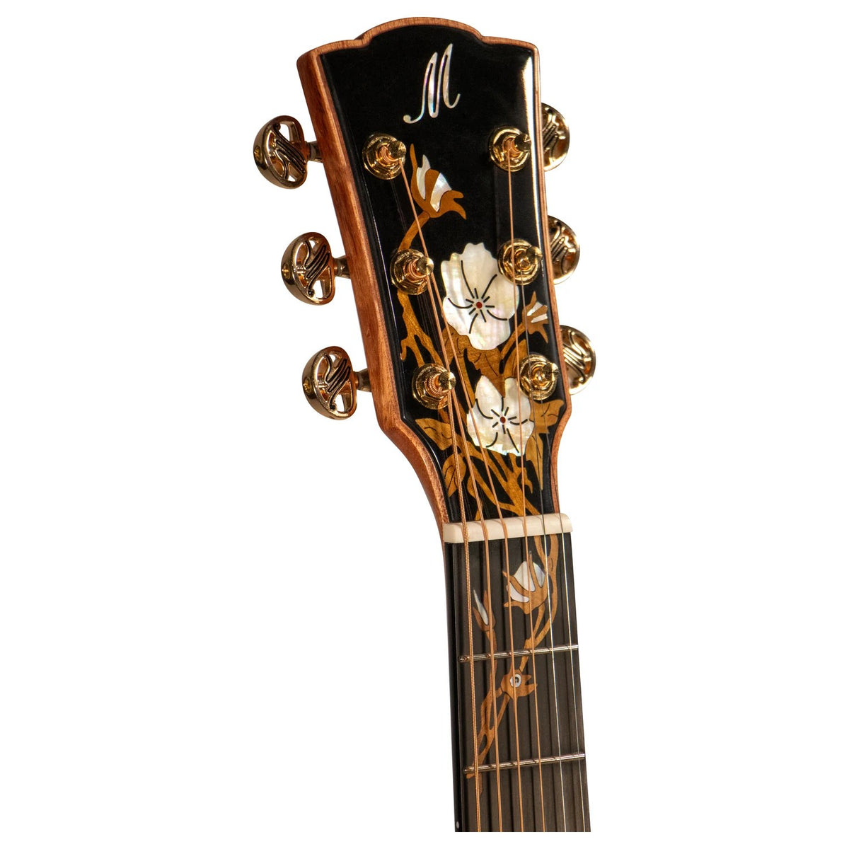 Black Mérida headstock with white flower inlay, gold tuners and floral fingerboard inlay on the WINTER-EQ.
