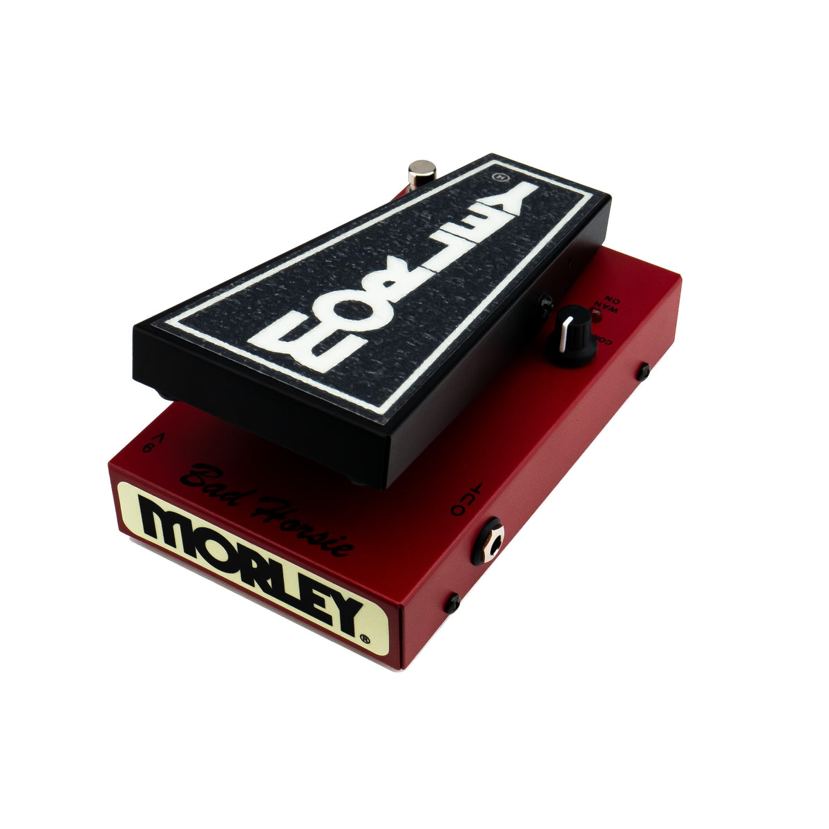 Morley 20/20 Bad Horsie Wah angled from the left showing the toe-end model name and Morley logo plate