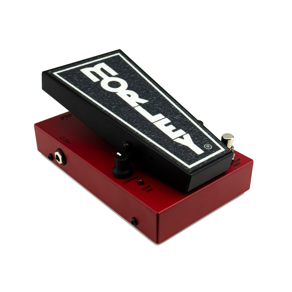 Morley 20/20 Bad Horsie Wah rear left angle showing the heel end, controls and red steel housing
