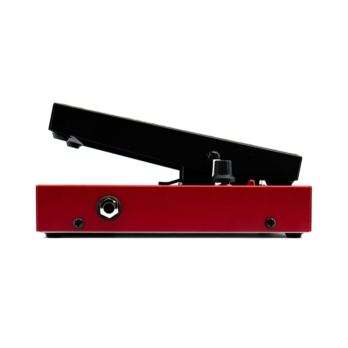 Morley 20/20 Bad Horsie Wah left side profile with treadle raised and output jack visible