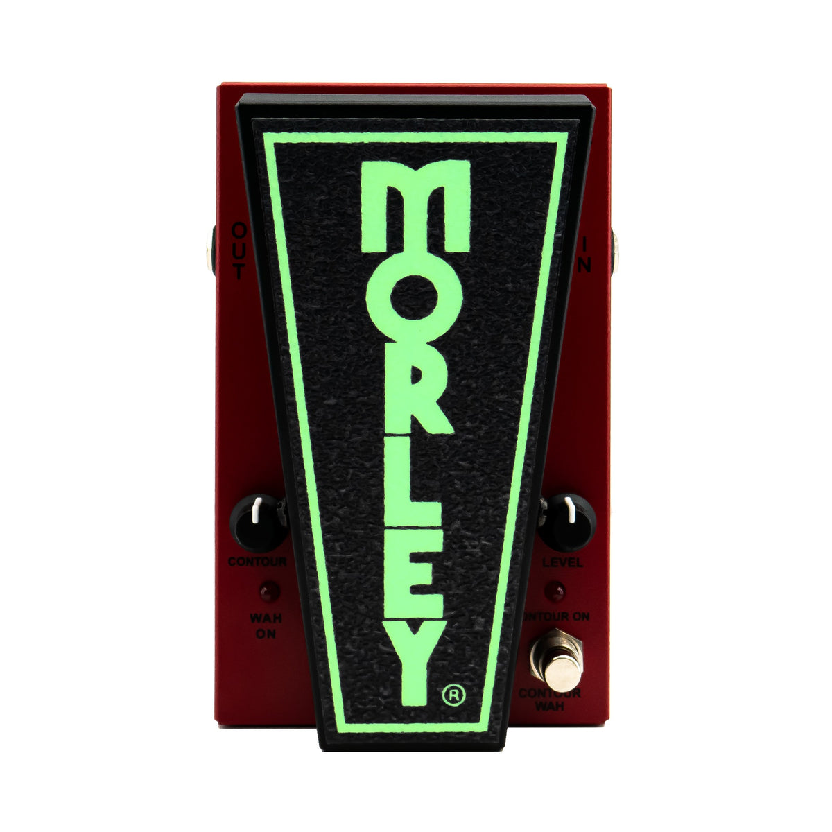 Morley 20/20 Bad Horsie Wah top view with the glow-in-the-dark treadle logo lit green