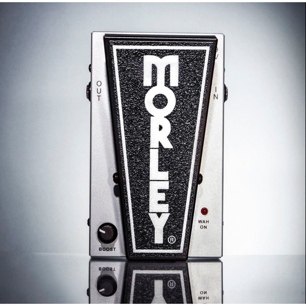 Morley 20/20 Lead Wah Boost top view, silver housing with black Morley treadle, Boost knob and red Wah On LED