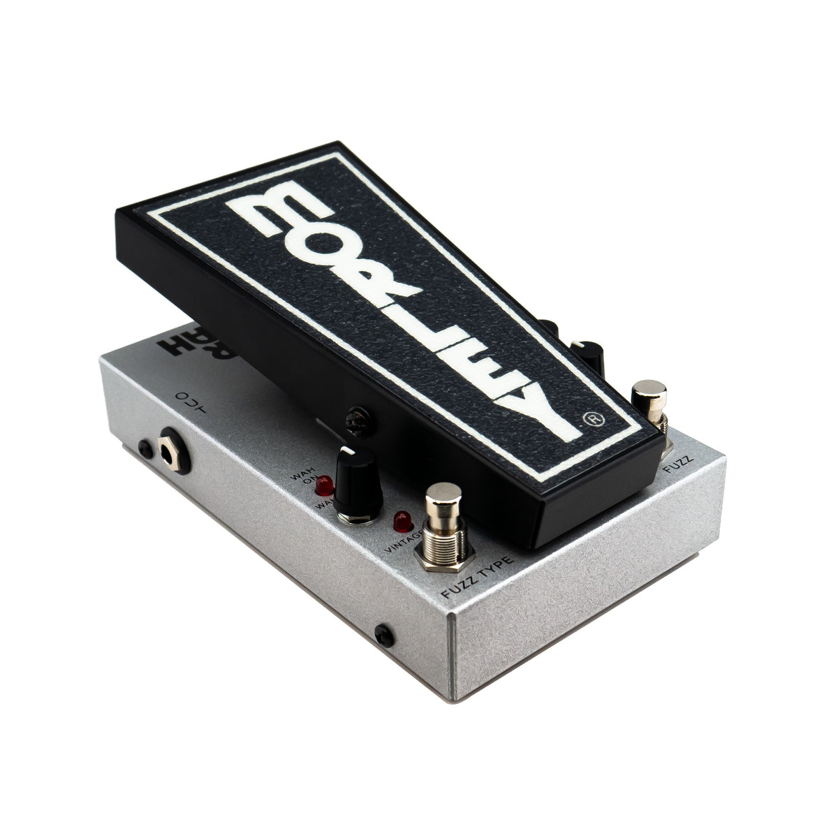 Morley 20/20 Power Fuzz Wah rear left angle showing the heel end, controls and silver steel housing
