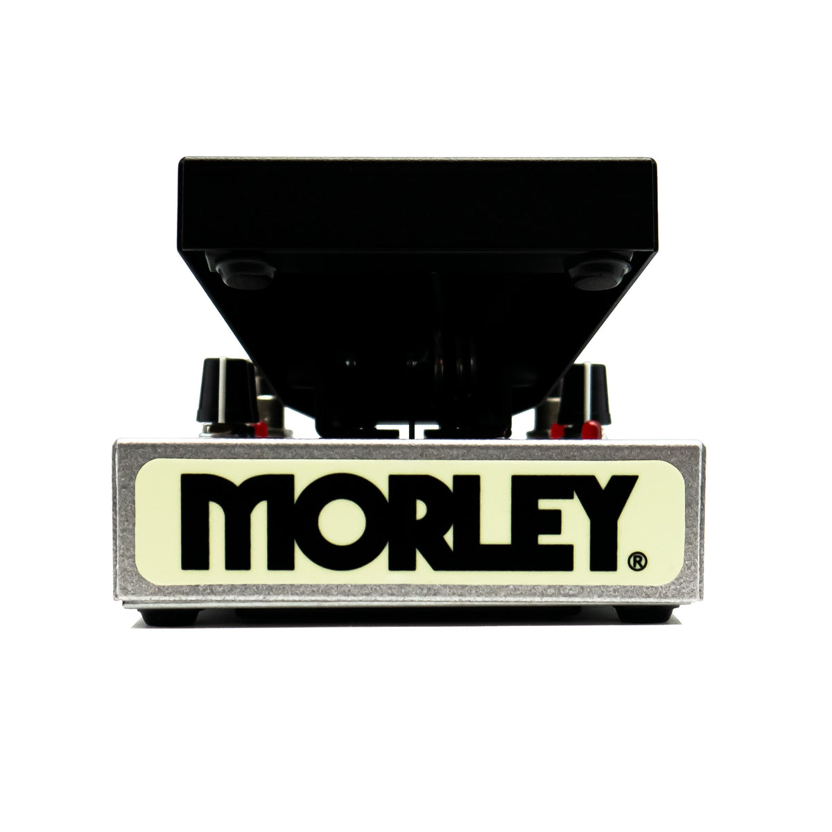 Morley 20/20 Power Fuzz Wah toe-end view of the cream Morley logo plate on the silver housing