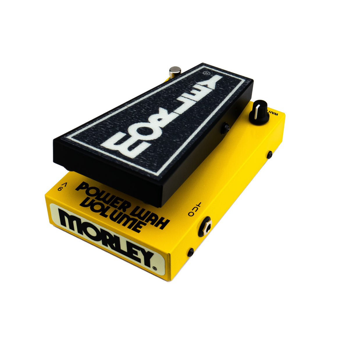 Morley 20/20 Power Wah Volume angled from the left showing the toe-end model name and Morley logo plate