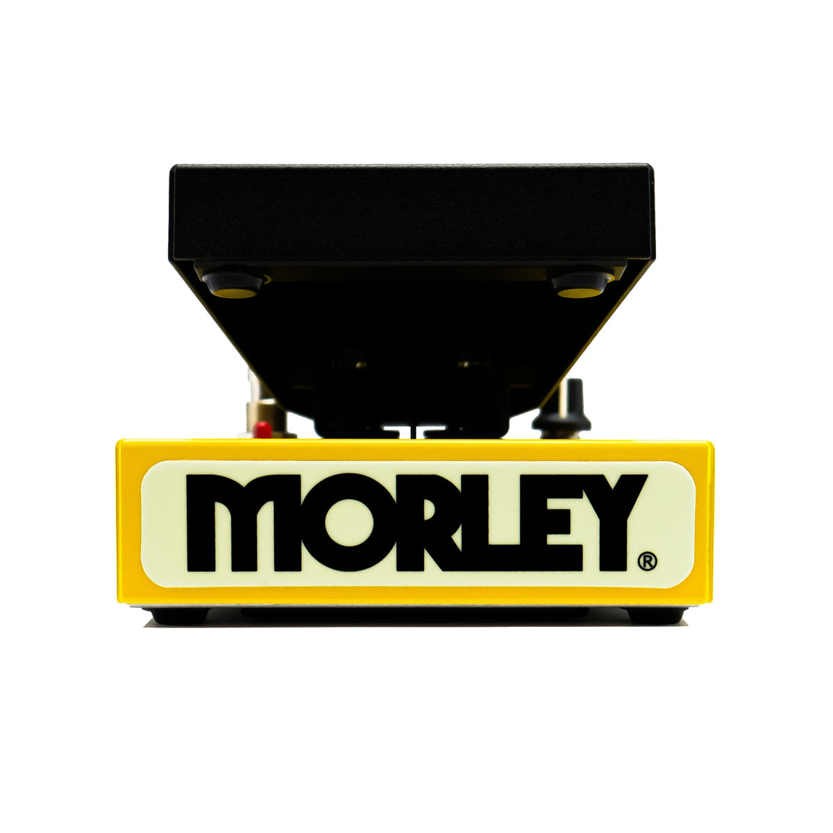 Morley 20/20 Power Wah Volume toe-end view of the cream Morley logo plate on the yellow housing