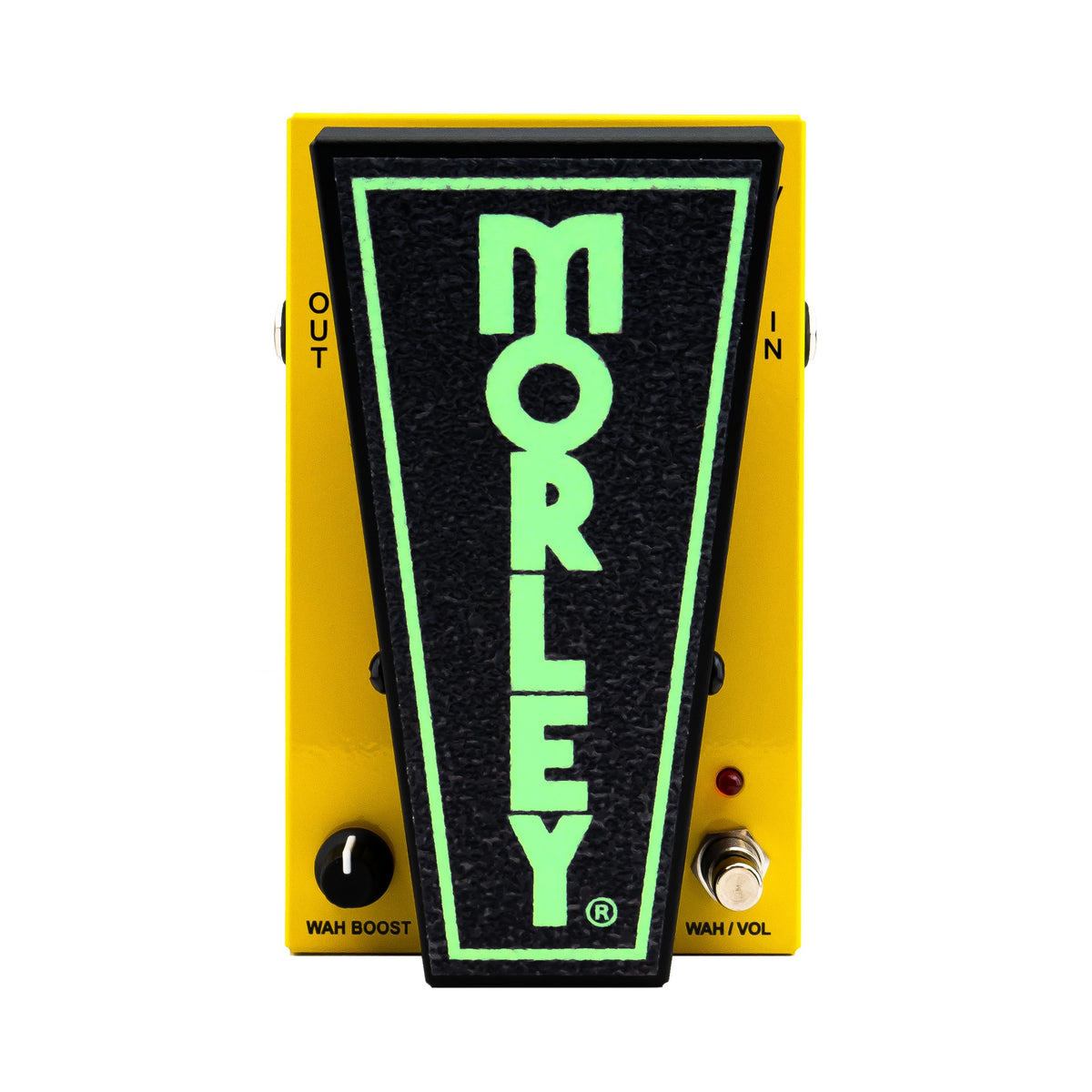 Morley 20/20 Power Wah Volume top view with the glow-in-the-dark treadle logo lit green