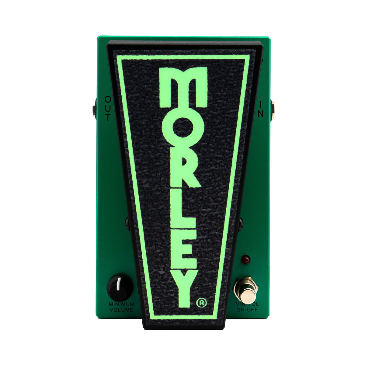 Morley 20/20 Volume Plus top view with the glow-in-the-dark treadle logo lit green
