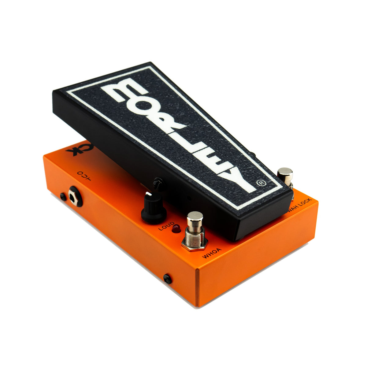 Morley 20/20 Wah Lock rear left angle showing the heel end, controls and orange steel housing