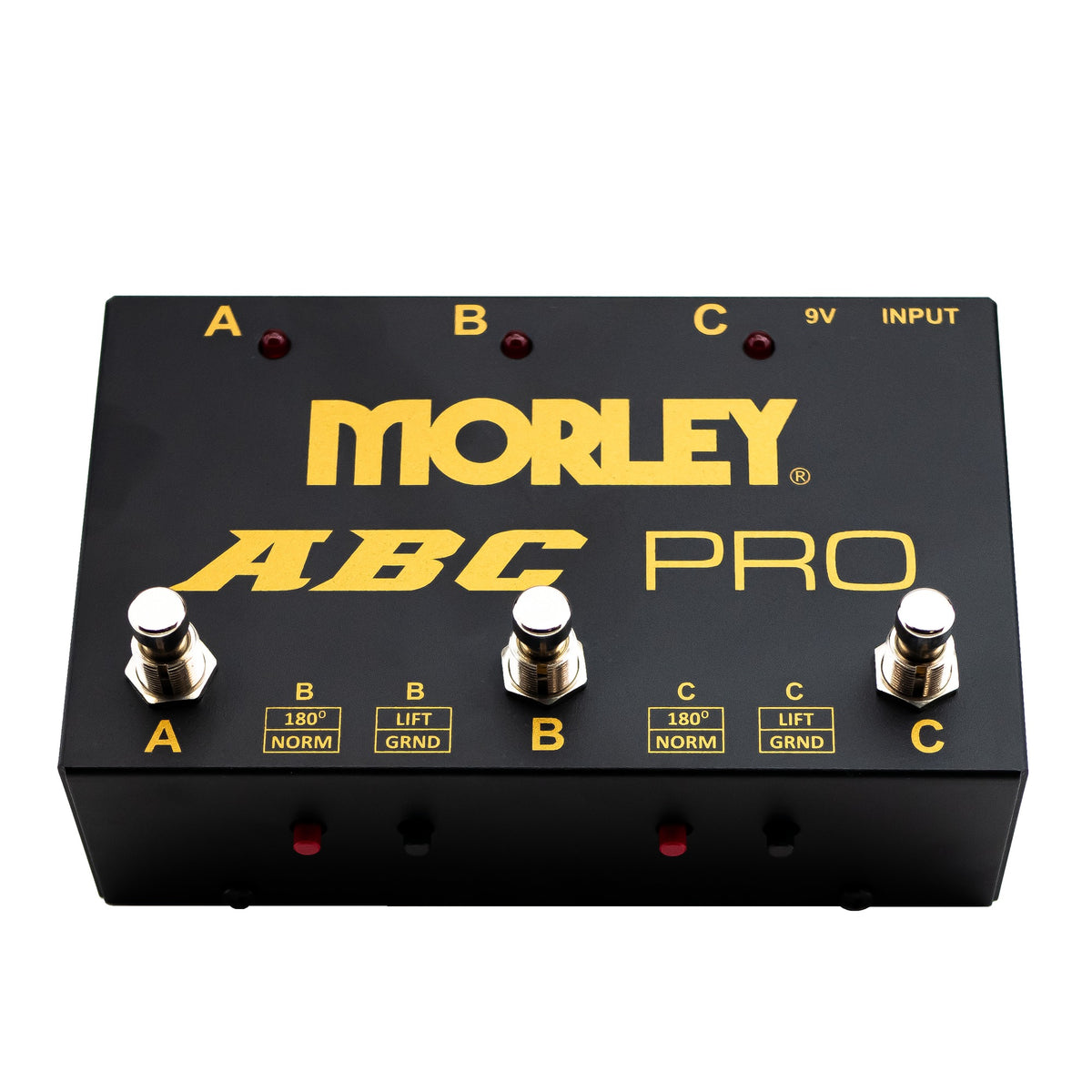 Morley ABC Pro angled view showing the A, B and C footswitches and LEDs