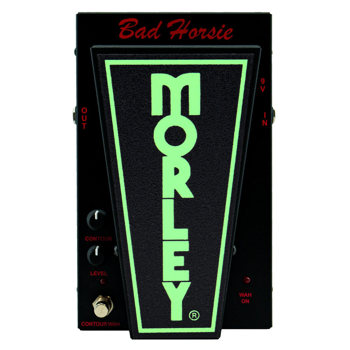 Morley Classic Bad Horsie top view with the glow-in-the-dark treadle logo lit green
